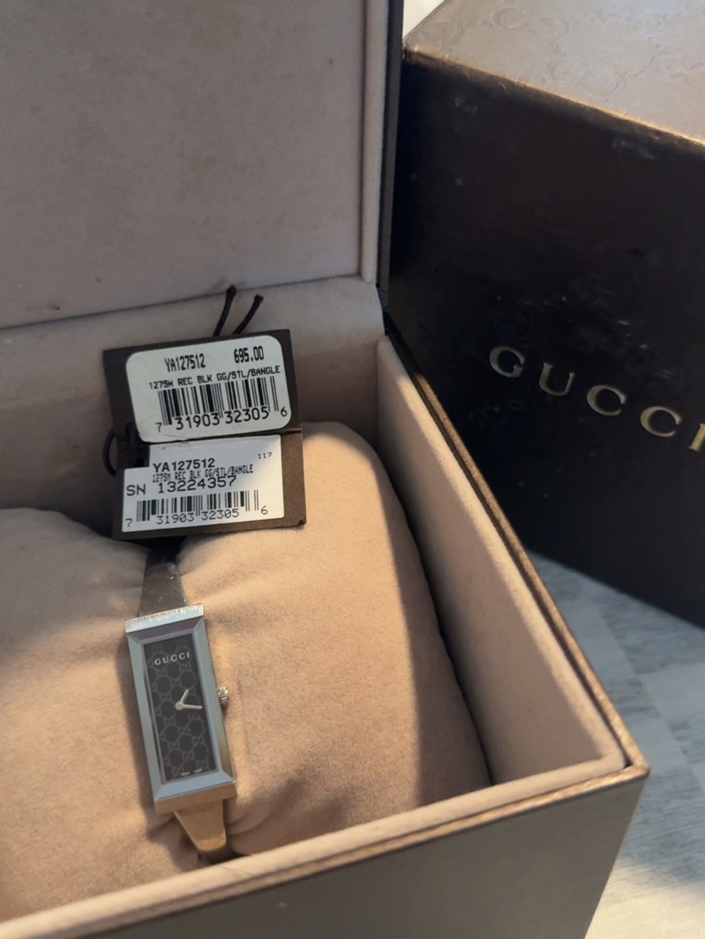 Gucci Silver Rectangular Gray Pattern Dial Bangle Watch